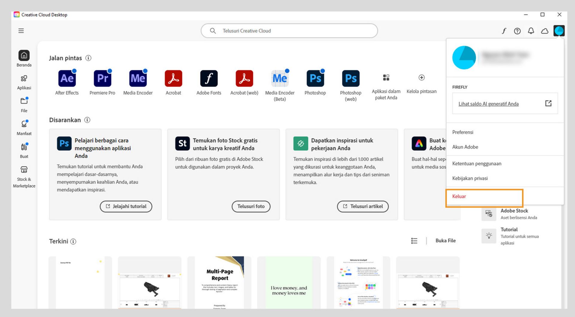 Layar beranda aplikasi desktop Creative Cloud menampilkan menu drop-down Akun dengan opsi untuk Logout. 