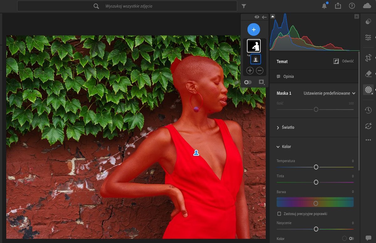 Interfejs Wybierz obiekt w Lightroom pokazujący dziewczynę z kręconymi włosami wybraną jako obiekt na zdjęciu.