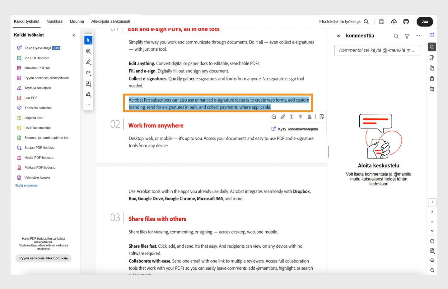 Valitse teksti valintatyökalulla ja ala kirjoittaa.