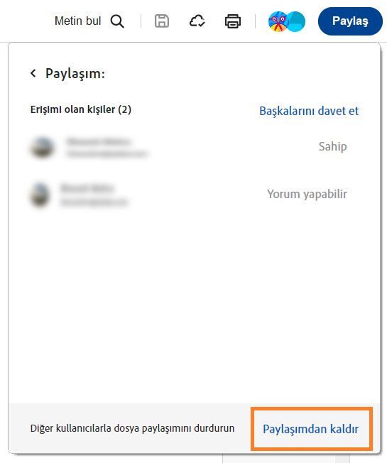 Paylaşım penceresi gösterilir ve Paylaşımdan Kaldır vurgulanır