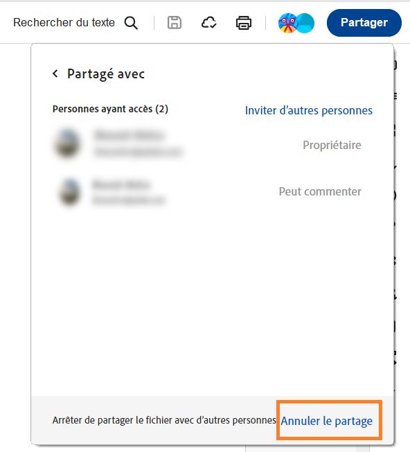La fenêtre Partagé avec s’affiche et l’option Annuler le partage est mise en surbrillance