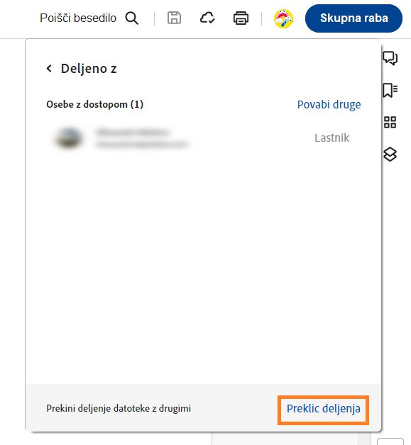 Prikaže se okno Deljeno s/z, možnost Prekliči deljenje pa je označena.