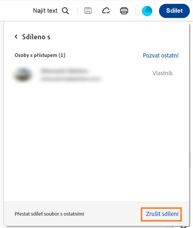 Zobrazené okno „Sdíleno s“ se zvýrazněnou položkou Zrušit sdílení