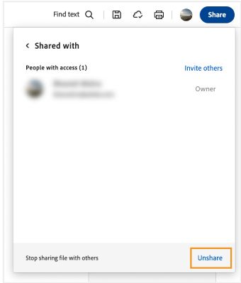 החלון Shared with מוצג ומודגשת בו האפשרות Unshare