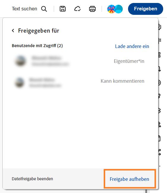 Das Fenster „Freigegeben für“ wird angezeigt und „Freigabe aufheben“ ist hervorgehoben.