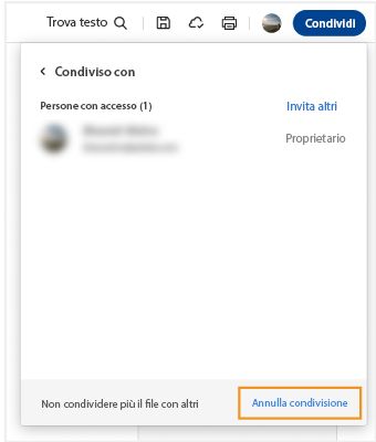 Finestra Condiviso con in cui è evidenziato Annulla condivisione