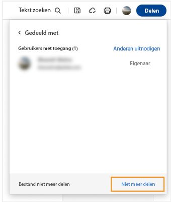 Het venster Gedeeld met wordt weergegeven en Delen opheffen is gemarkeerd
