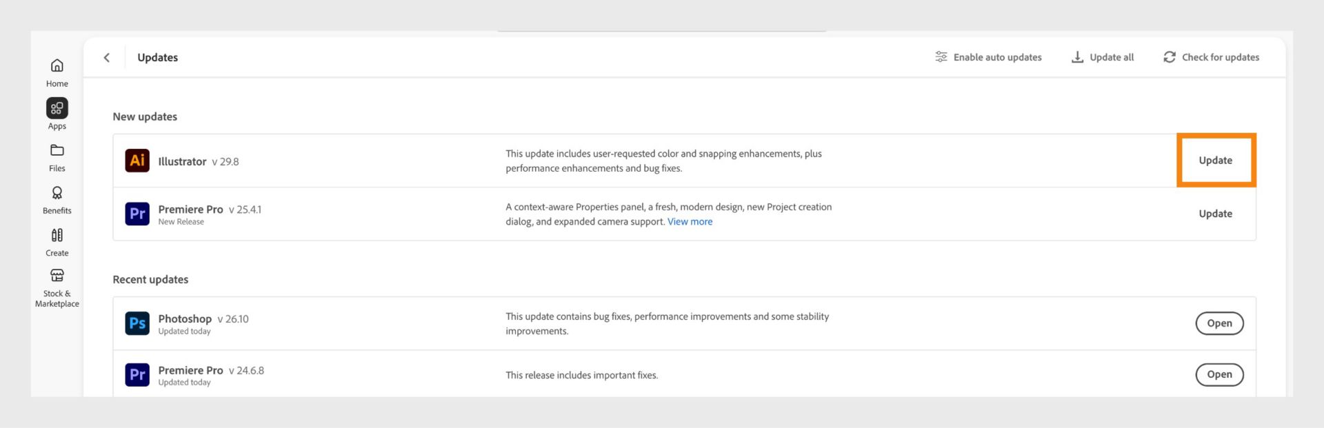 The Updates window shows the Update button for each app and the options to manage auto-updates, update all apps, and check for updates.