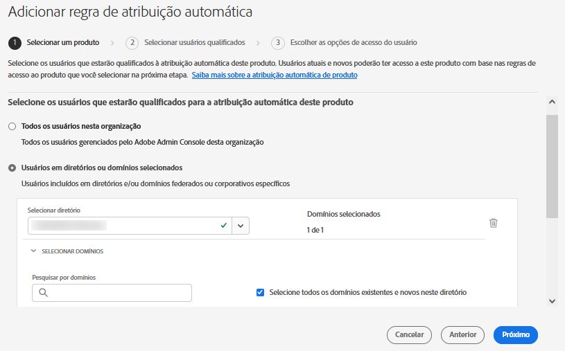 Tela Adicionar regra de atribuição automática exibindo como você pode selecionar diretórios e domínios para definir os critérios de qualificação para usuários