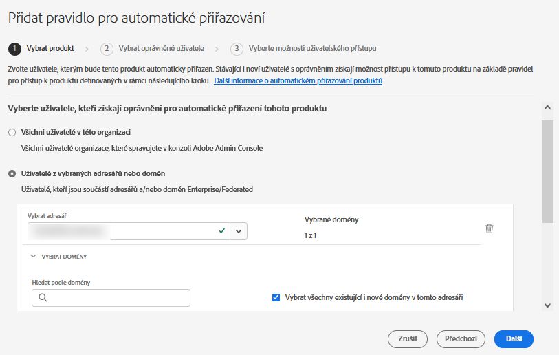 Obrazovka Přidat pravidlo pro automatické přiřazování zachycující postup přidání adresáře a domény s cílem definovat podmínky, které musí uživatelé splňovat