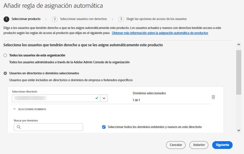 Pantalla para añadir reglas de asignación automática donde se muestra cómo seleccionar directorios y dominios para definir los criterios de selección de los usuarios