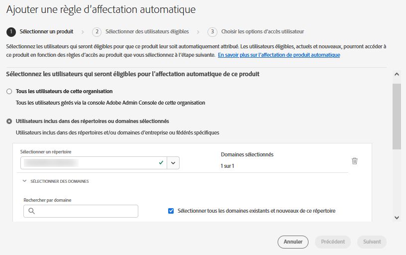 Écran d’ajout de règle d’affectation automatique affichant la manière dont vous pouvez sélectionner des répertoires et des domaines pour définir les critères d’éligibilité des utilisateurs