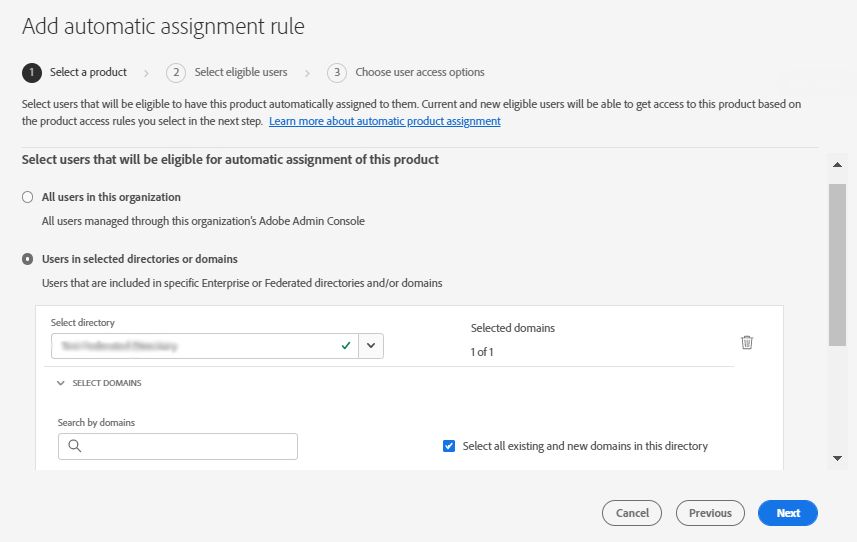 Add automatic assignment rule screen displaying how you can select directories and domains to define the eligibility criteria for users