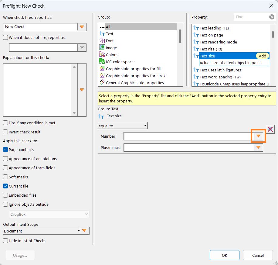 Отображается диалоговое окно «Предпечатная проверка: Новая проверка»