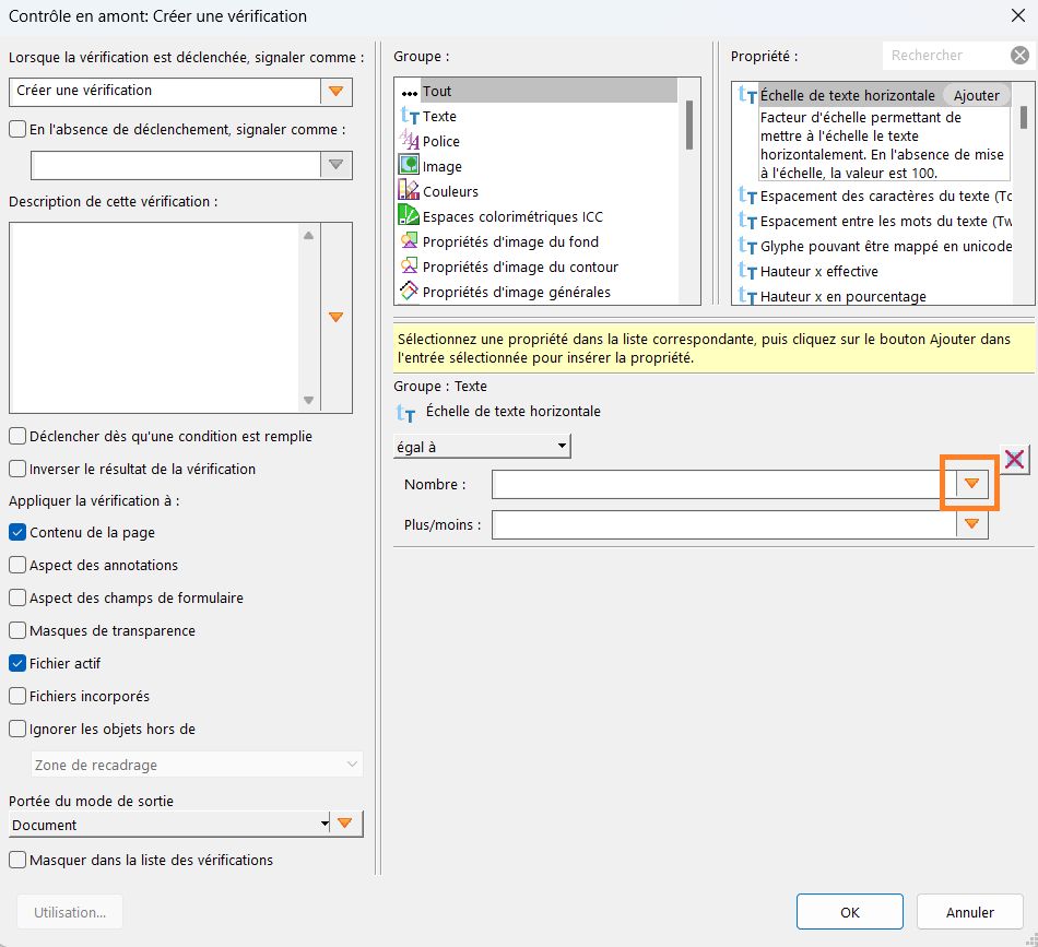 La boîte de dialogue Contrôle en amont : Créer une vérification s’affiche.