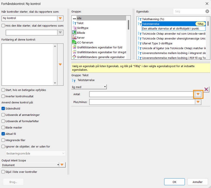 Forhåndskontrol: Dialogboksen Ny kontrol vises
