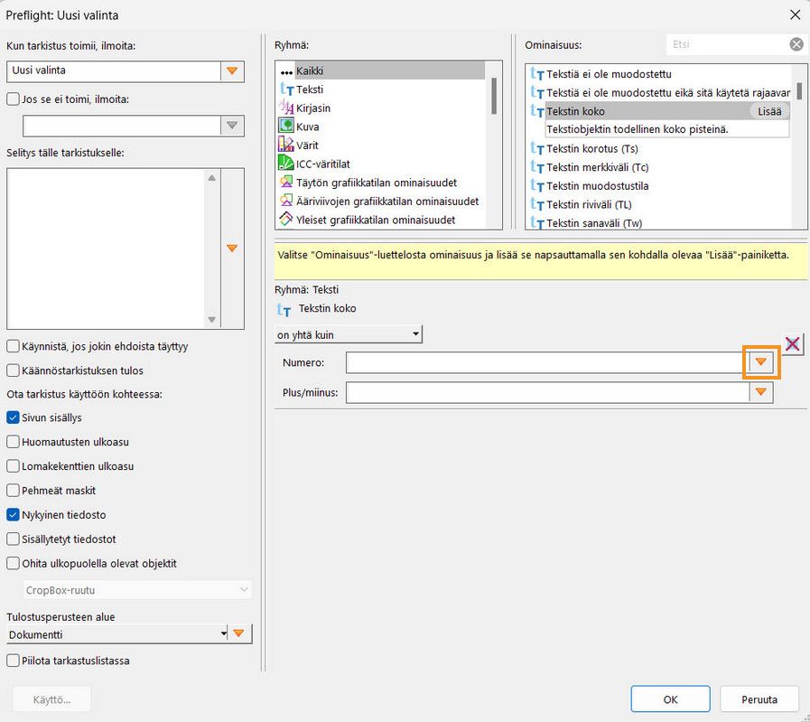 Preflight: Uusi tarkistus -valintaikkuna tulee näkyviin
