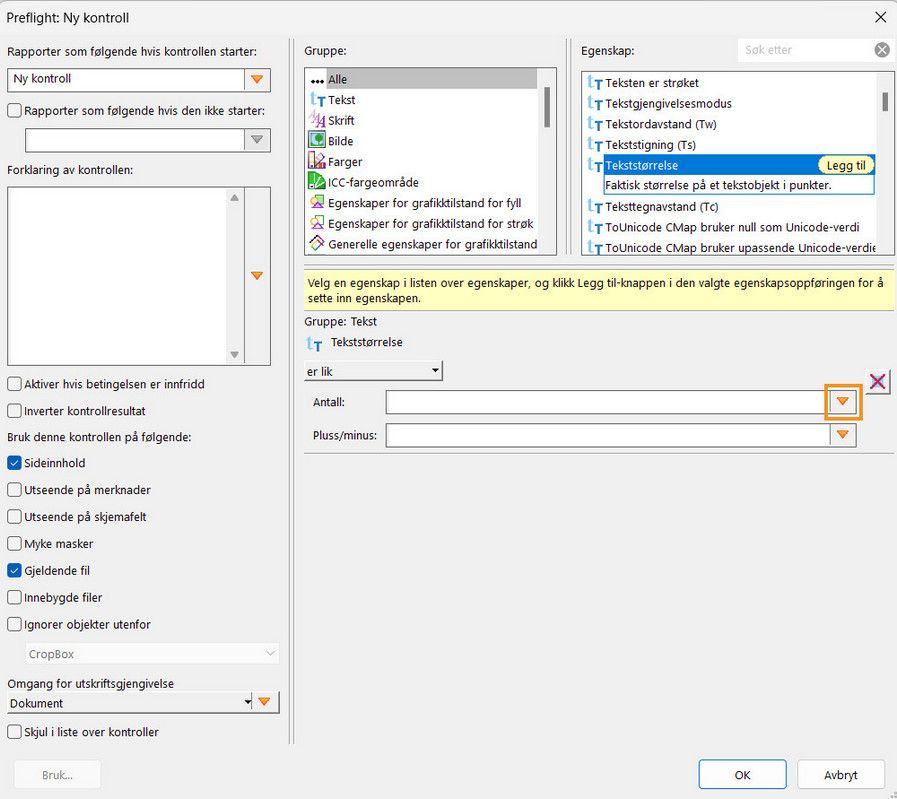 Preflight: Dialogboksen med ny kontroll vises
