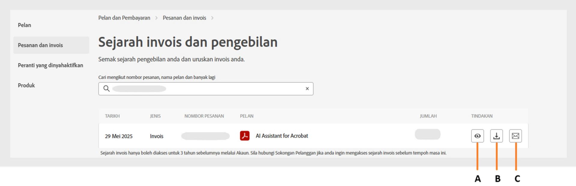 Halaman sejarah Invois dan pengebilan memaparkan invois anda dengan pilihan untuk melihat, memuat turun atau menerima invois pada e-mel. 