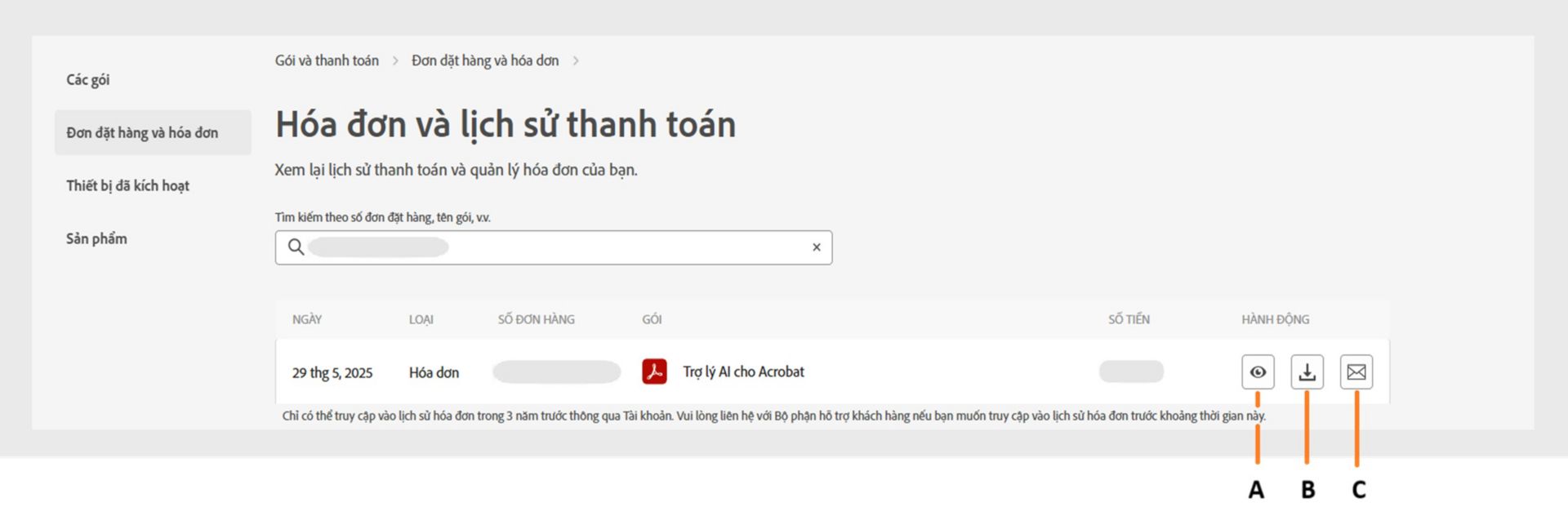 Trang Hóa đơn và lịch sử thanh toán hiển thị hóa đơn của bạn với các tùy chọn xem, tải xuống hoặc nhận qua email. 