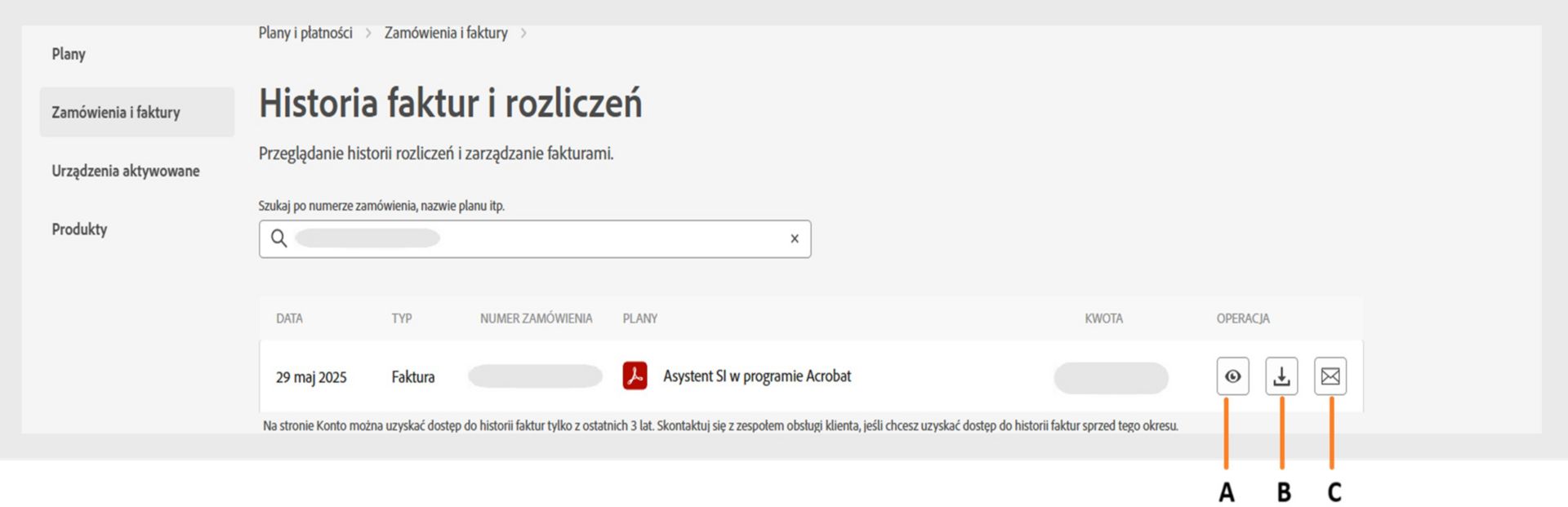 Strona historii faktur i rozliczeń wyświetla faktury z opcjami ich przeglądania, pobierania lub odbierania za pomocą poczty e-mail. 