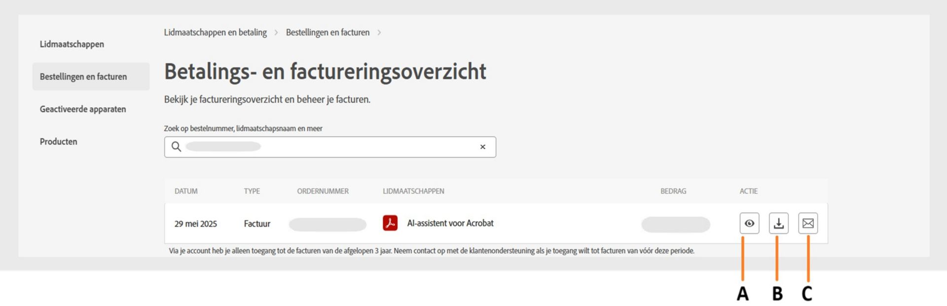 Op de pagina Factuur- en factureringsgeschiedenis worden uw facturen weergegeven met opties voor het bekijken, downloaden of ontvangen van facturen per e-mail.