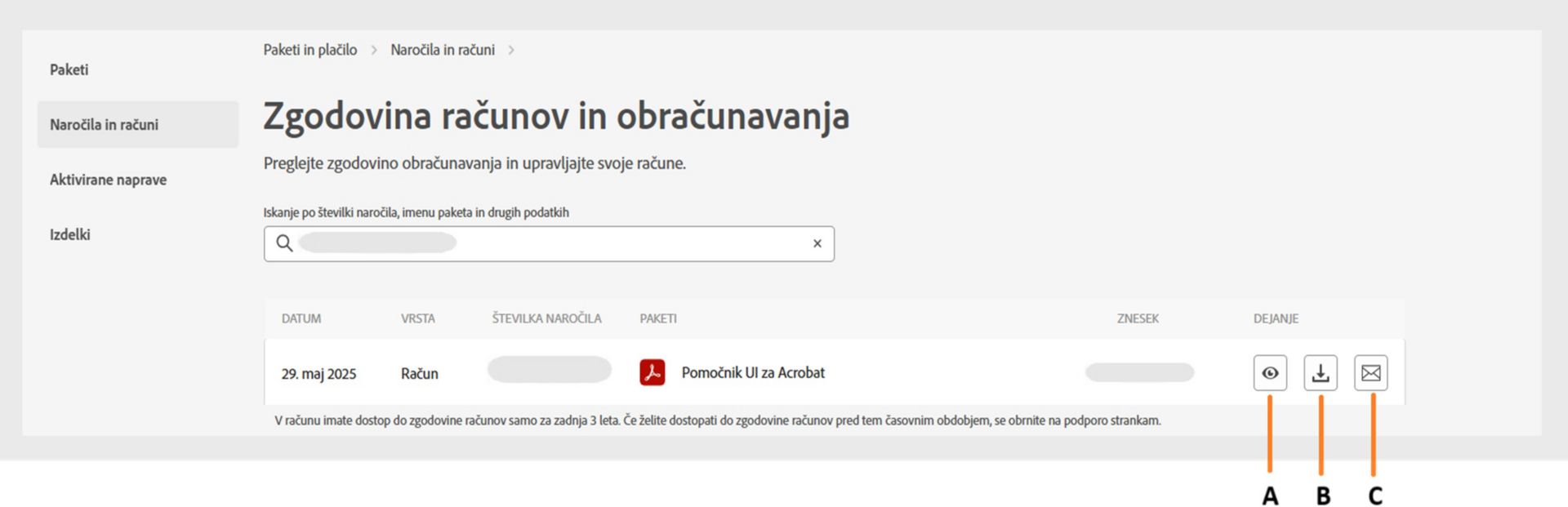 Na strani z računi in zgodovino obračunavanja so prikazani računi in ter možnosti za ogled, prenos in prejem računov na e-poštni naslov. 