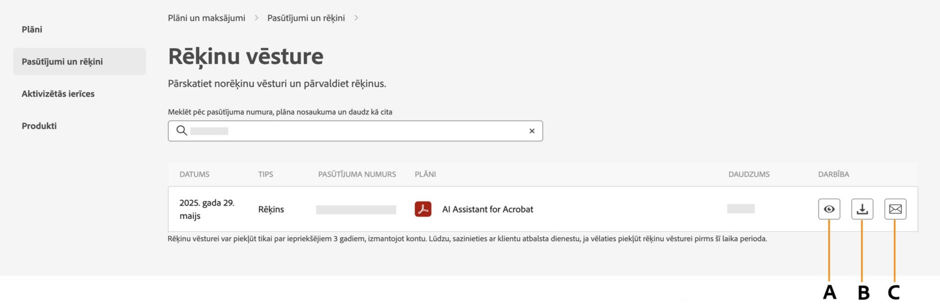 Lapā Rēķinu un norēķinu vēsture ir attēloti jūsu rēķini ar opcijām skatīt un lejupielādēt rēķinus vai saņemt tos e-pastā. 