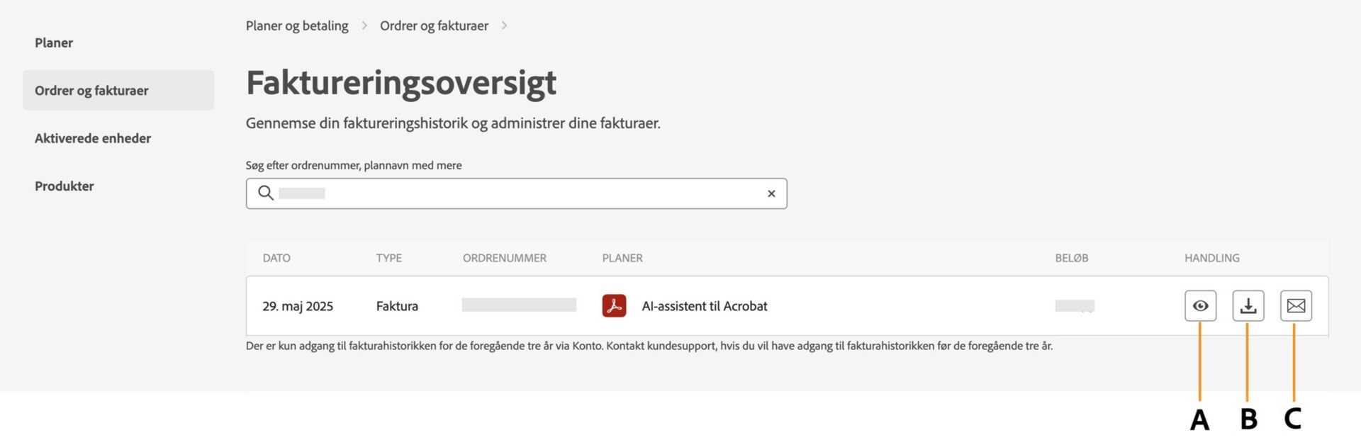 Siden Faktureringshistorik viser dine fakturaer med muligheder for at se, downloade eller modtage dem på e-mail. 