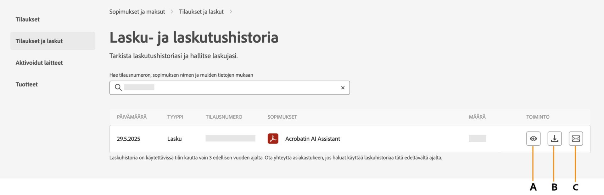Lasku- ja laskutushistoria -sivulla näkyvät laskut ja mahdollisuus tarkastella tai ladata niitä tai lähettää ne sähköpostitse. 