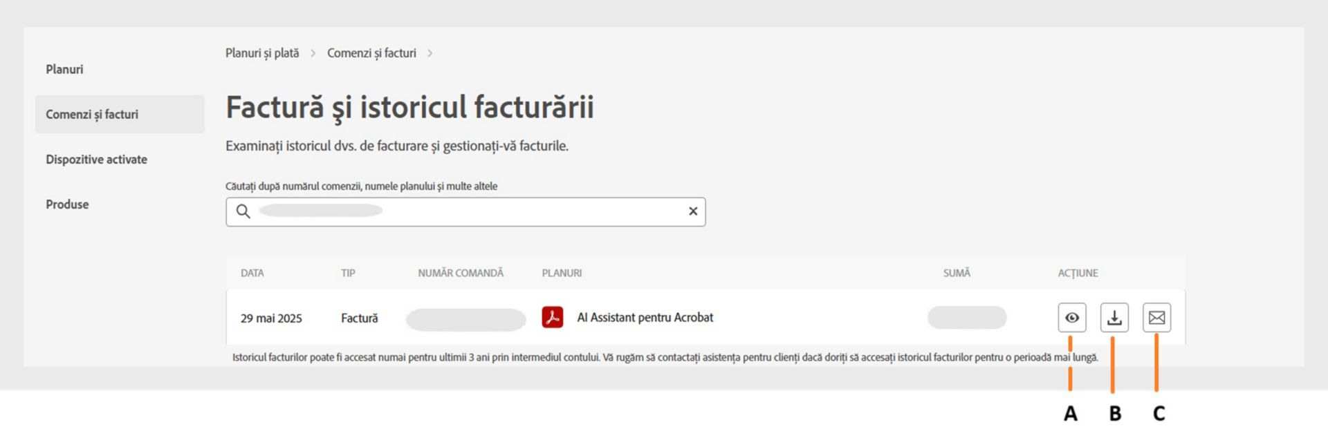 Pagina Factură și istoric de facturare afișează facturile dvs. cu opțiuni de vizualizare, descărcare sau primire pe e-mail.