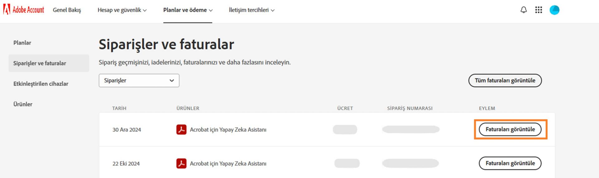 Siparişler ve faturalar sayfasında, satın aldığınız ürünler görüntülenir ve her bir ürün ve tüm ürünler için faturaları görüntüleme seçenekleri sunulur. 