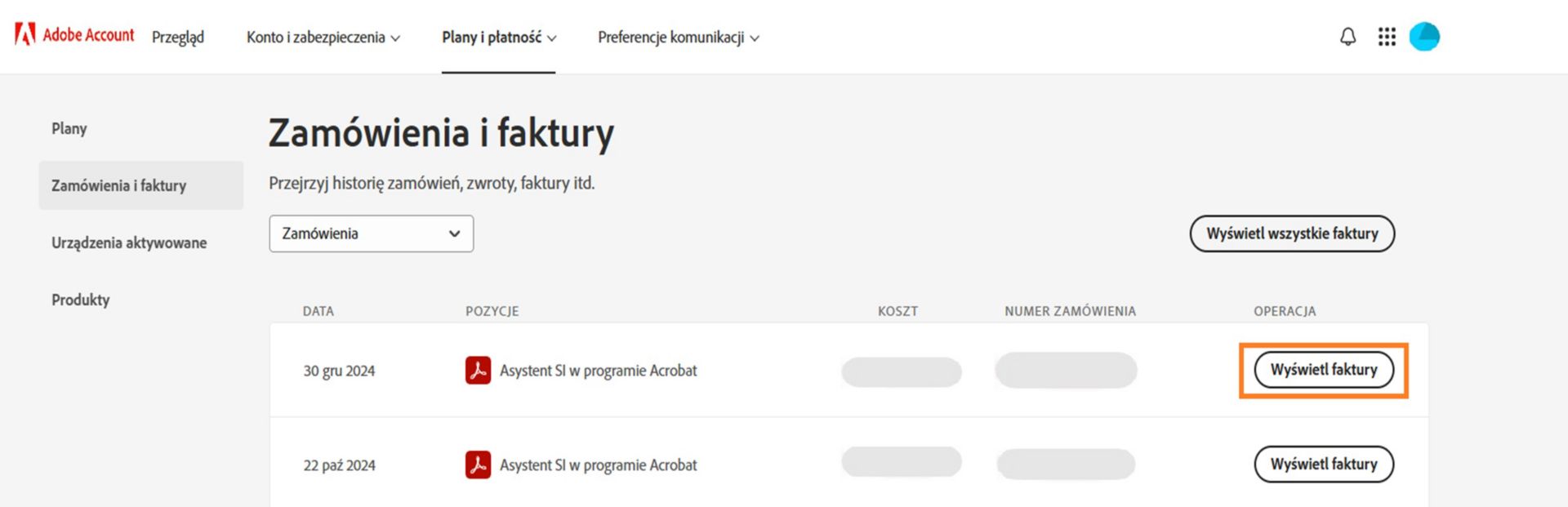 Strona Zamówienia i faktury wyświetla zakupione przedmioty wraz z opcjami wyświetlania faktur dla wszystkich elementów. 