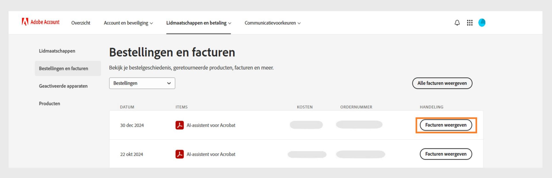 Op de pagina Bestellingen en facturen worden de items weergegeven die u hebt aangeschaft, met de opties om facturen voor elk item en voor alle items te bekijken.