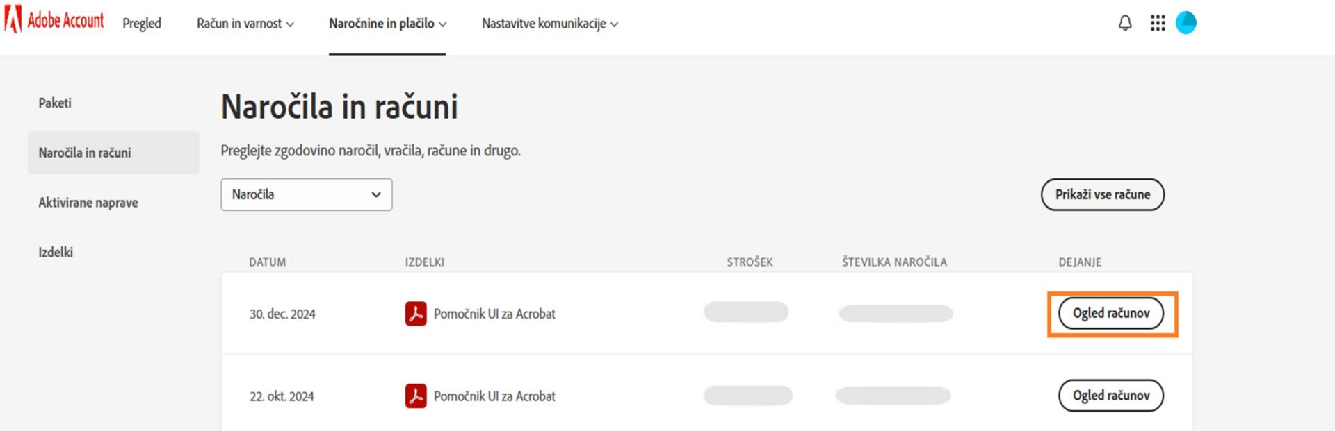 Na strani z naročili in računi so prikazani kupljeni artikli ter možnosti za ogled računov za posamezni artikel in za vse artikle. 