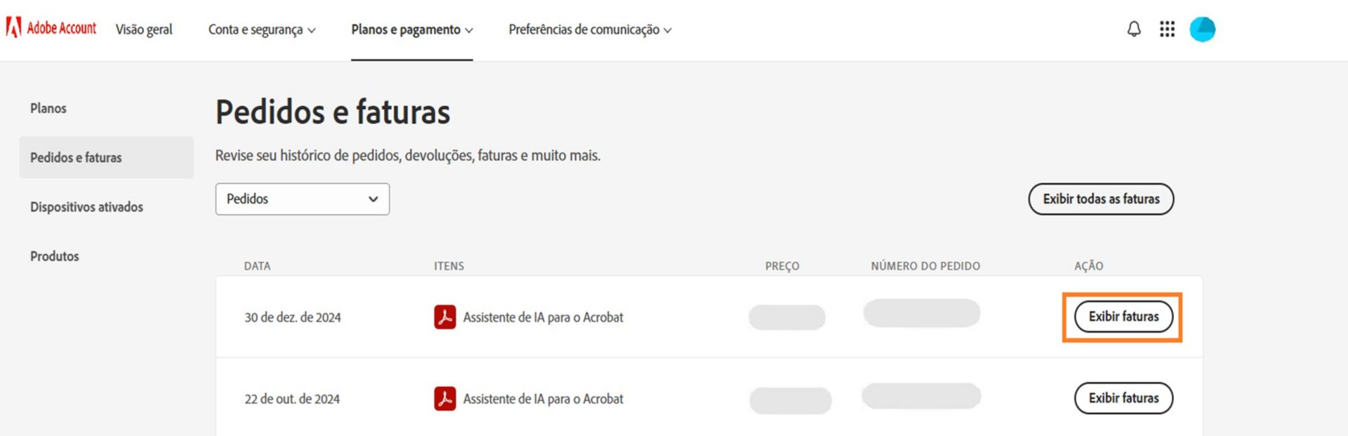 A página Pedidos e faturas exibe os itens que você comprou, com as opções para exibir faturas para cada item e para todos os itens. 