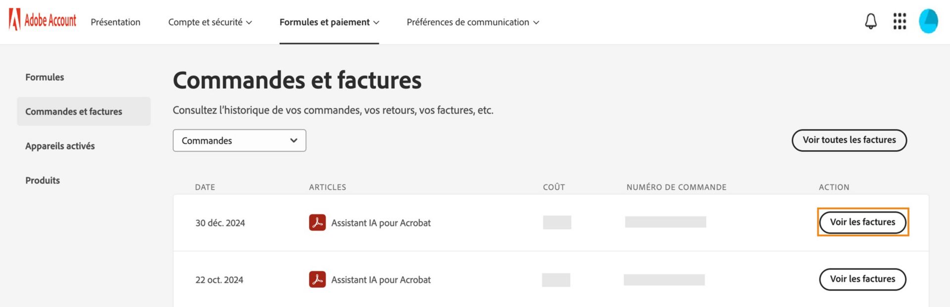La page Commandes et factures affiche les articles que vous avez achetés, avec des options permettant d’afficher les factures de chaque article et de tous les articles. 