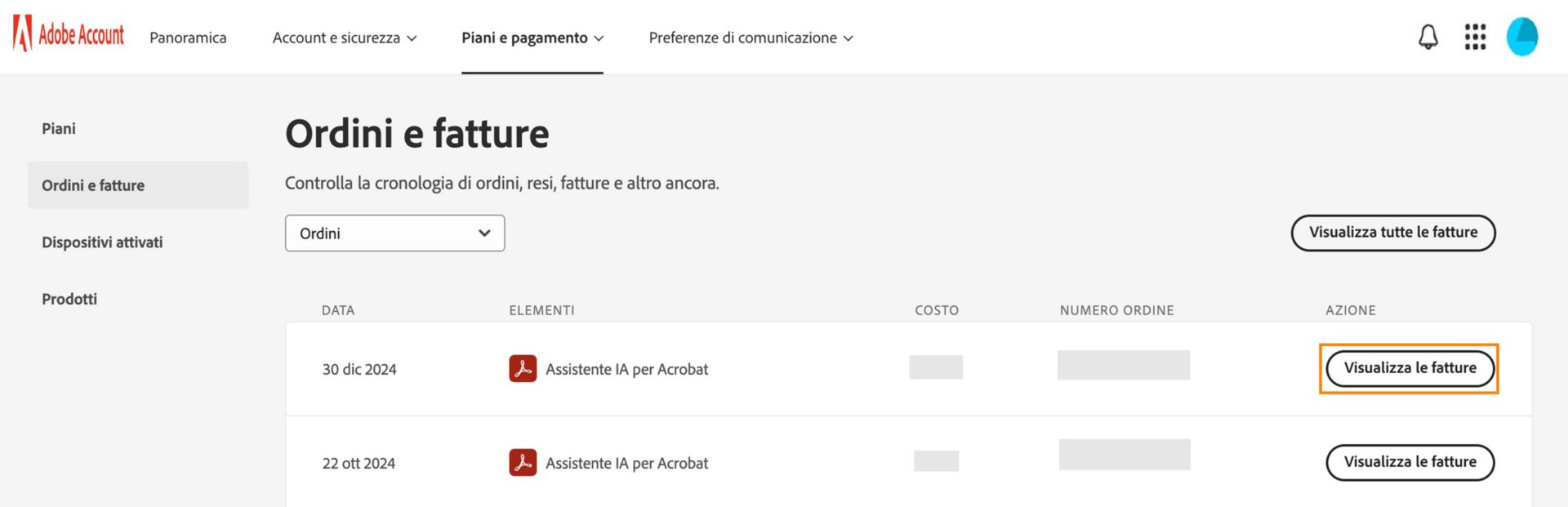 La pagina Ordini e fatture visualizza gli articoli acquistati, con le opzioni per visualizzare le fatture per ogni articolo e per tutti gli articoli. 