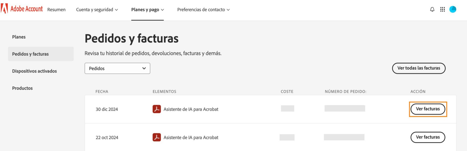 La página Pedidos y facturas muestra los artículos que ha adquirido, con las opciones para ver las facturas de cada artículo y de todos los artículos. 