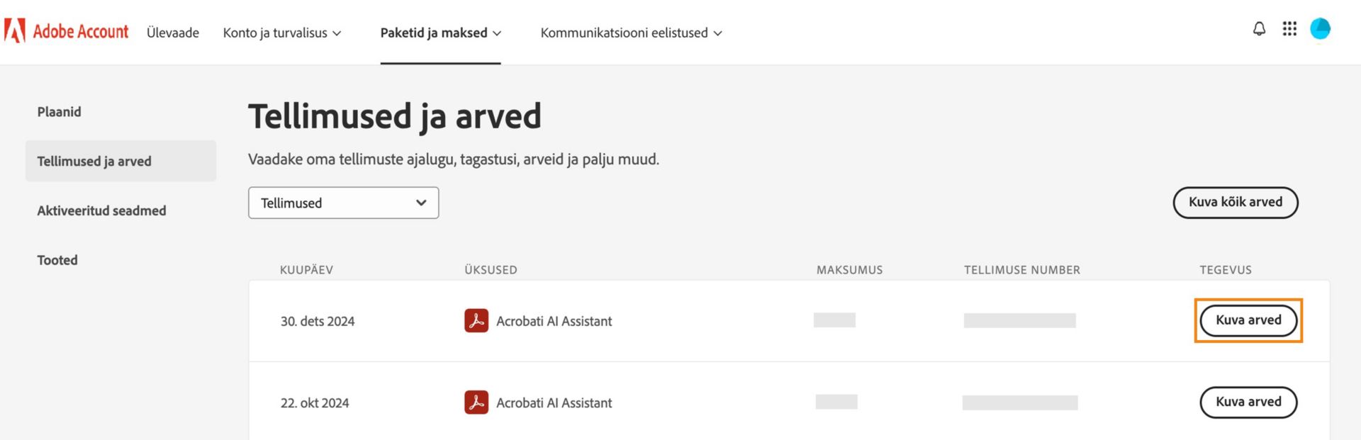 Tellimuste ja arvete lehel kuvatakse teie ostetud tooteid koos valikuga vaadata arveid iga toote kohta eraldi või kõigi toodete kohta.