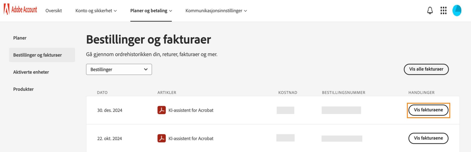 Siden Ordre og fakturaer viser varene du kjøpte, med alternativer for å vise fakturaer for hver vare og for alle varer. 
