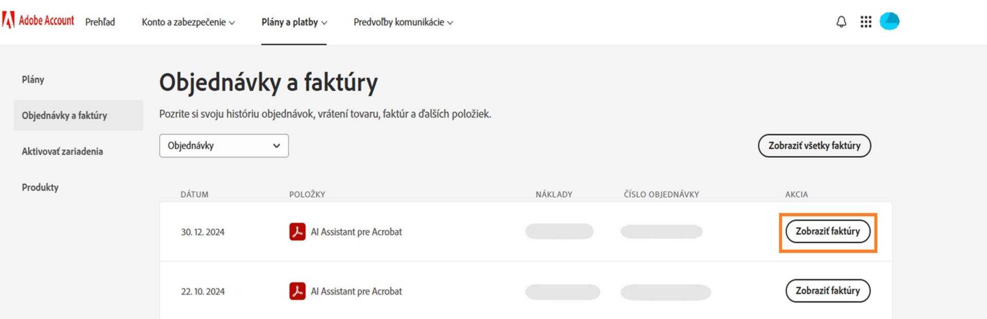 Na stránke Objednávky a faktúry sa zobraziaujú zakúpené položky s možnosťami zobrazenia faktúr pre každú položku a pre všetky položky. 