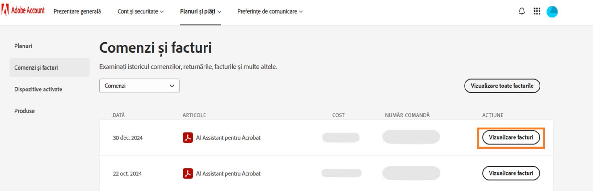 Pagina Comenzi și facturi afișează articolele pe care le-ați achiziționat, cu opțiuni de vizualizare a facturilor pentru fiecare articol în parte și pentru toate la un loc.