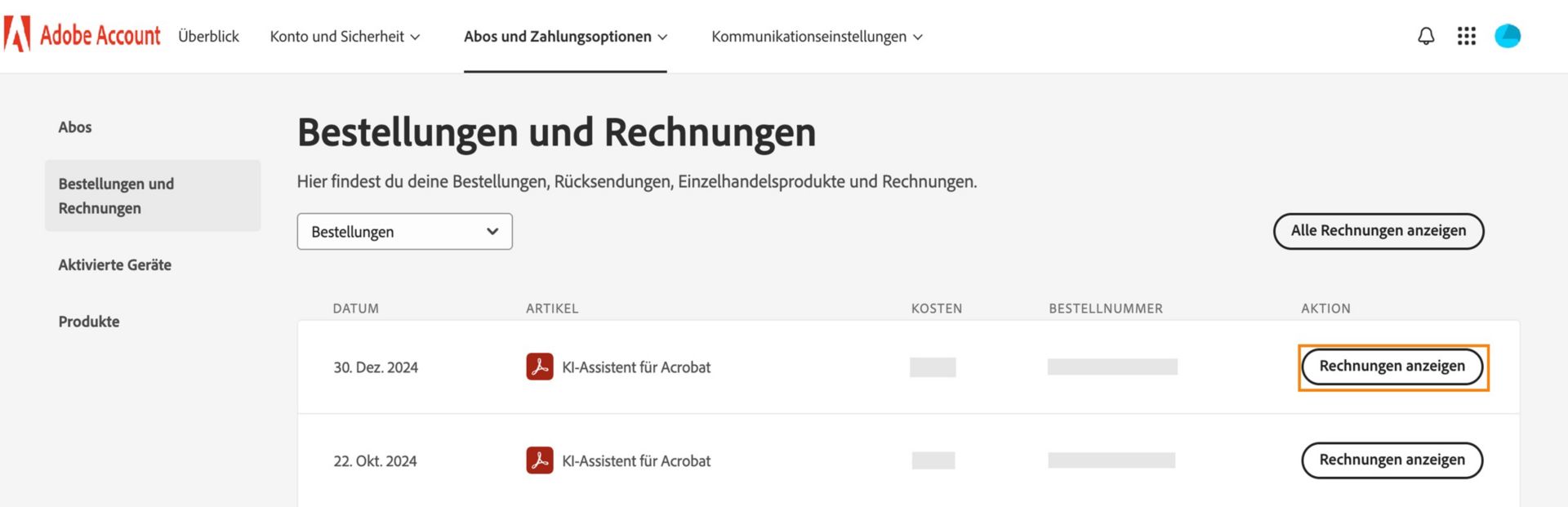 Auf der Seite „Bestellungen und Rechnungen“ werden die Artikel angezeigt, die du gekauft hast. Du hast die Option, Rechnungen für jeden einzelnen Artikel oder für alle Artikel anzuzeigen. 