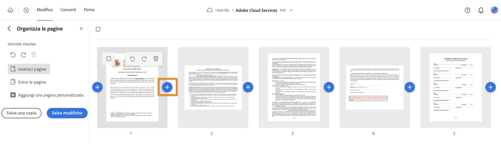 Seleziona la posizione in cui aggiungere una pagina personalizzata