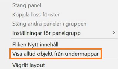 Markera Visa alltid objekt från undermappar om du vill visa alla objekt i undermappen. 