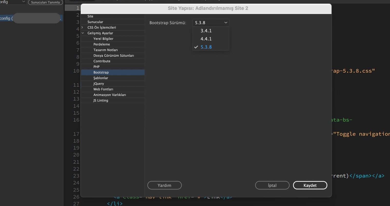 Dreamweaver'daki Site Kurulumu paneli, mevcut Bootstrap sürümlerini görüntüler ve Kaydet, İptal ve Yardım seçeneklerini içerir.