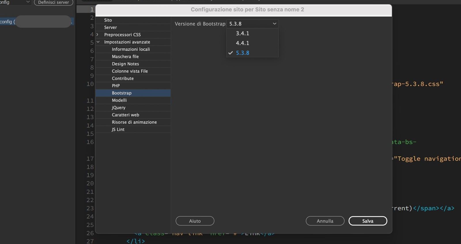 Il pannello Configurazione sede in Dreamweaver mostra le versioni Bootstrap disponibili e include le options Salva, Annulla e Aiuto.