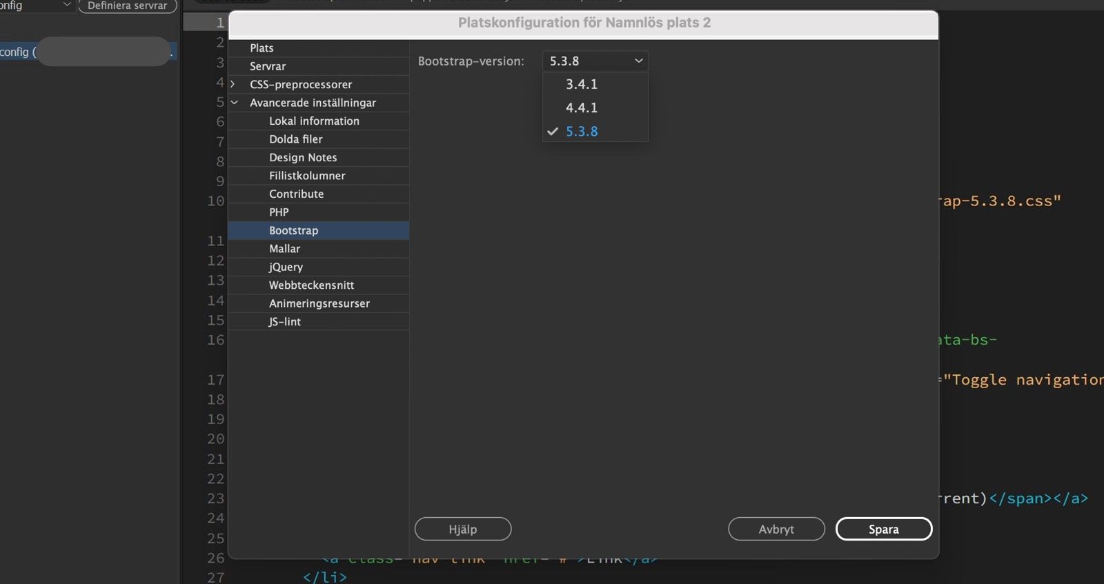 Site Setup-panelen i Dreamweaver visar tillgängliga Bootstrap-versioner och innehåller alternativen Spara, Avbryt och Hjälp.