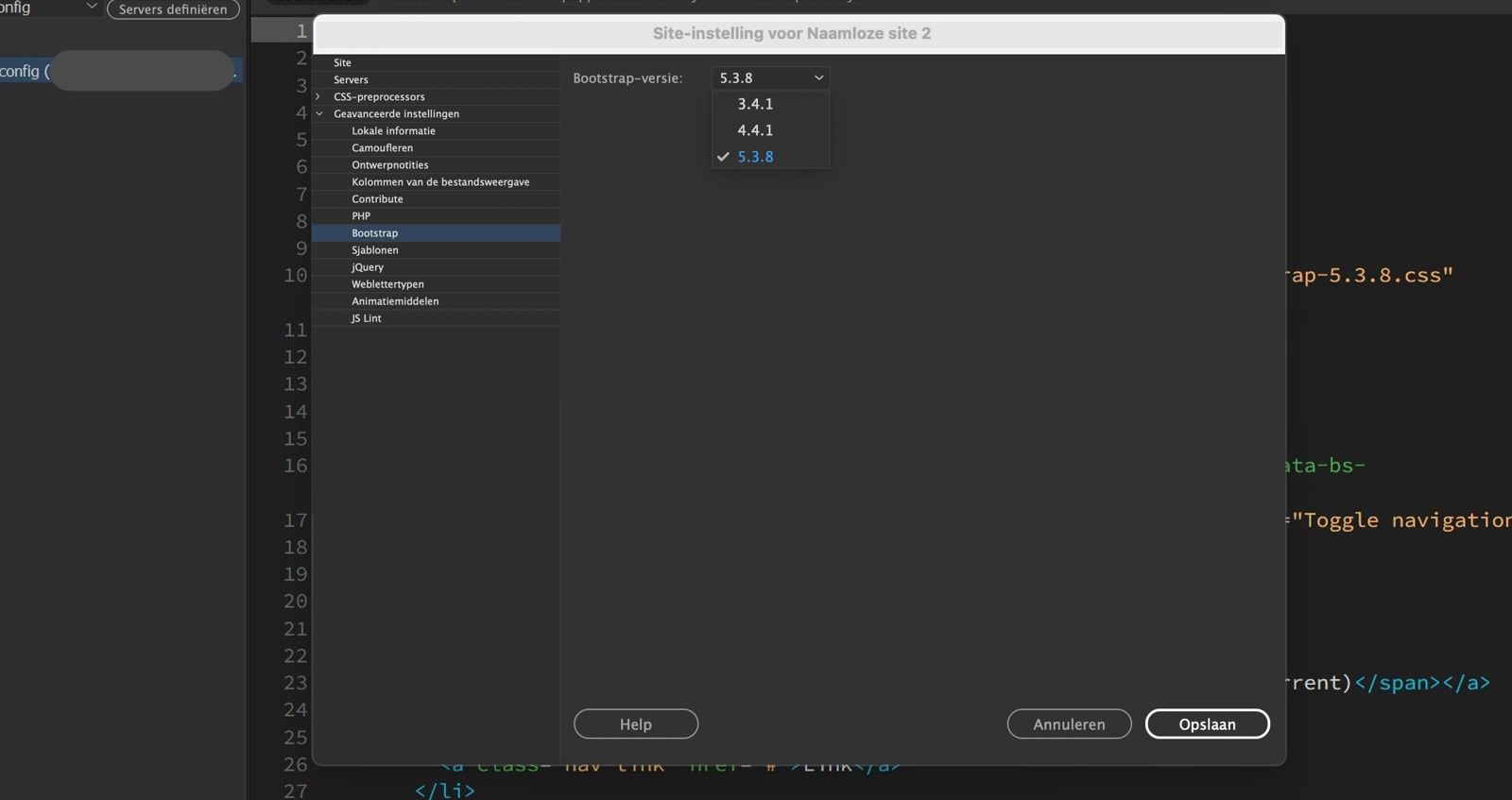 Het paneel Site-instellingen in Dreamweaver toont beschikbare bootstrap-versies en bevat opties voor Opslaan, Annuleren en Help.